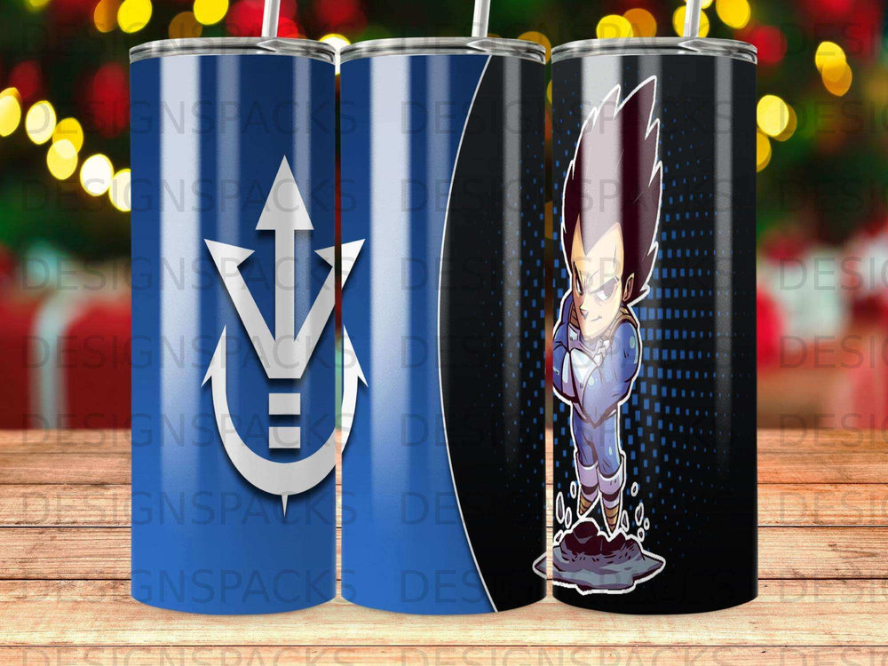 Vegeta from Dragon Ball Z on a blue tumbler with the Dragon Ball Z logo.