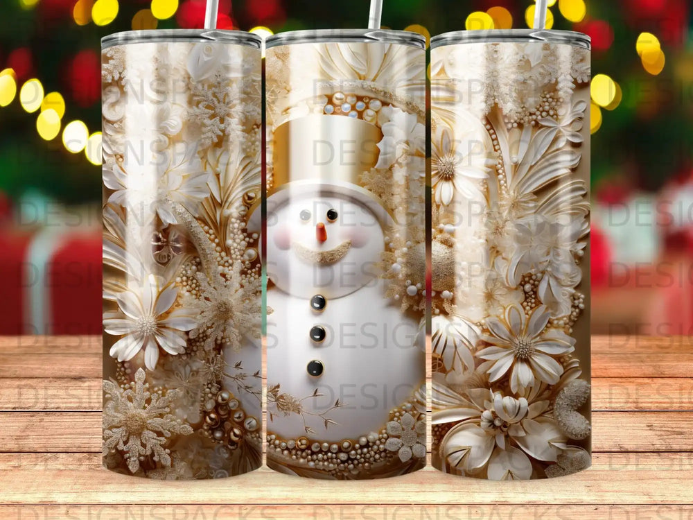 Snowman with floral and snowflake designs on a tumbler.