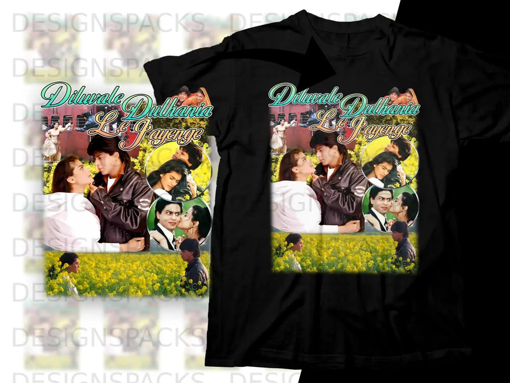 Black t-shirt featuring "Dilwale Dulhania Le Jayenge" movie poster design with actors.