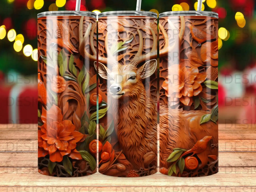Carved woodland scene with deer, foliage, and birds on a tumbler.