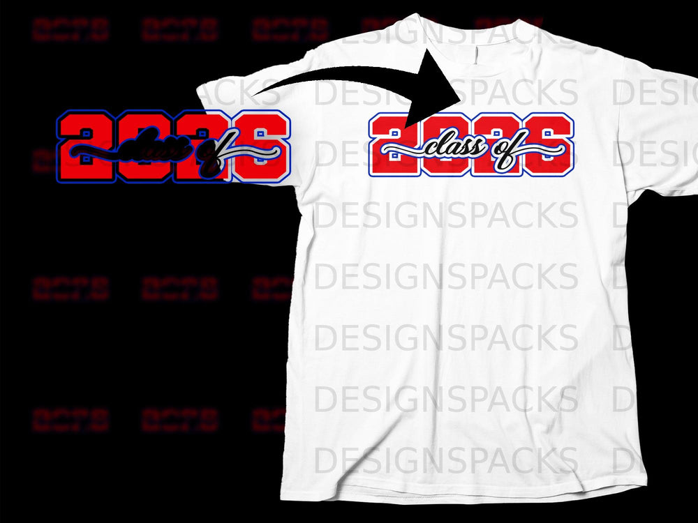 White t-shirt with "class of 2025" design in red and blue.