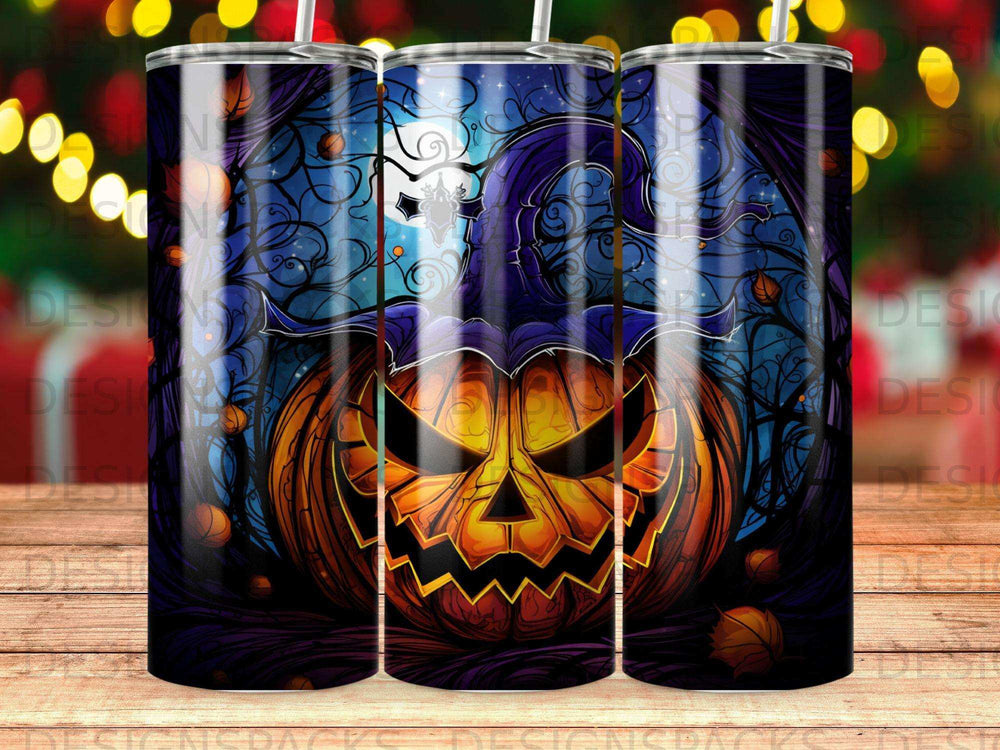 Halloween tumbler with jack-o'-lantern, witch hat, and spooky forest scene.