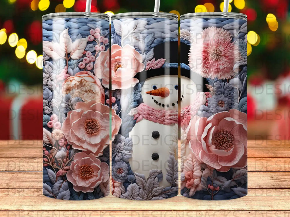 Snowman with pink scarf surrounded by pink and blue floral patterns.