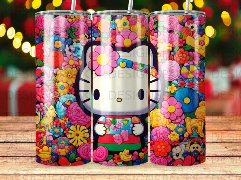 Hello Kitty character surrounded by colorful flowers and geometric patterns.