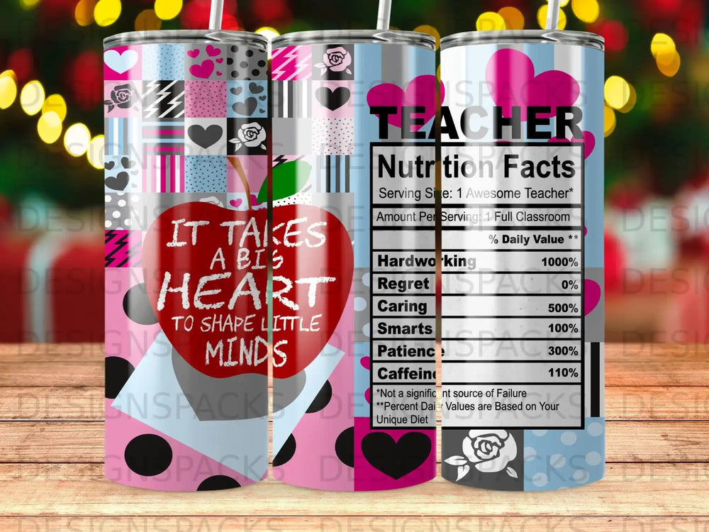 Teacher-themed tumbler with apple design and "Nutrition Facts" label.