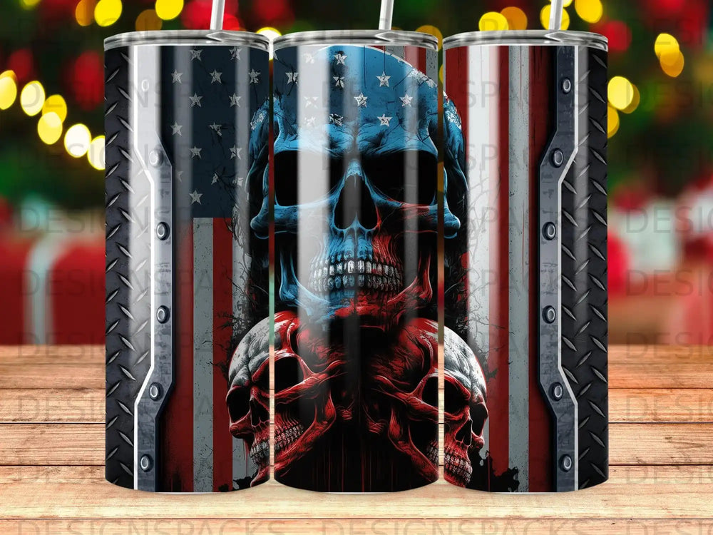 American flag skull design on a metal-textured tumbler.