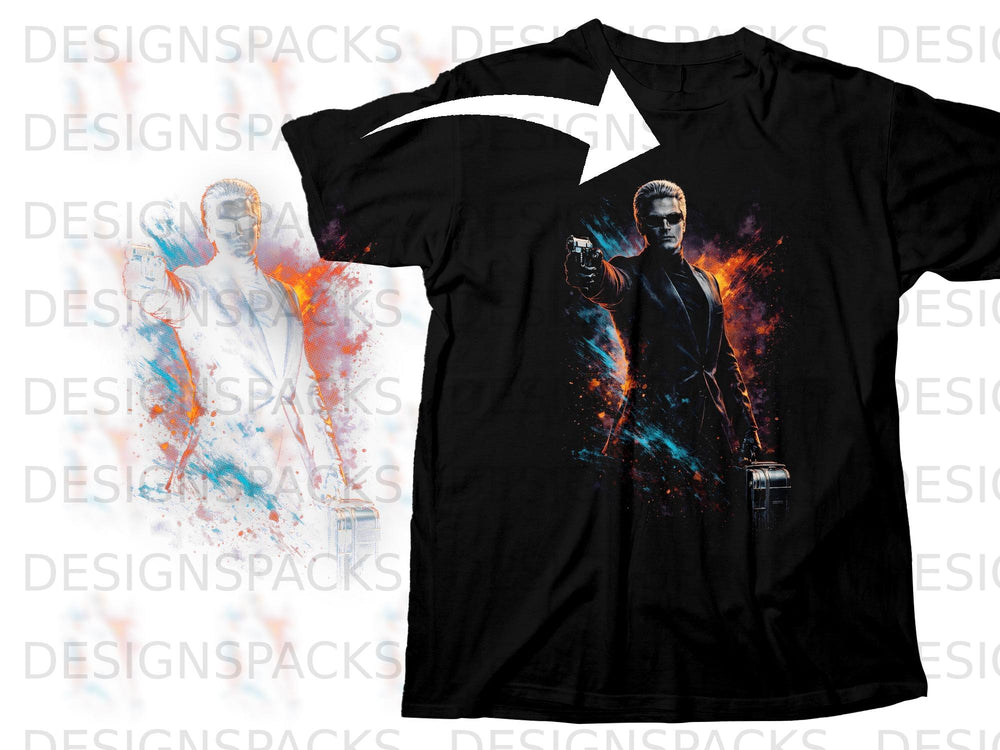 Black t-shirt with graphic of a man in a suit holding a gun.