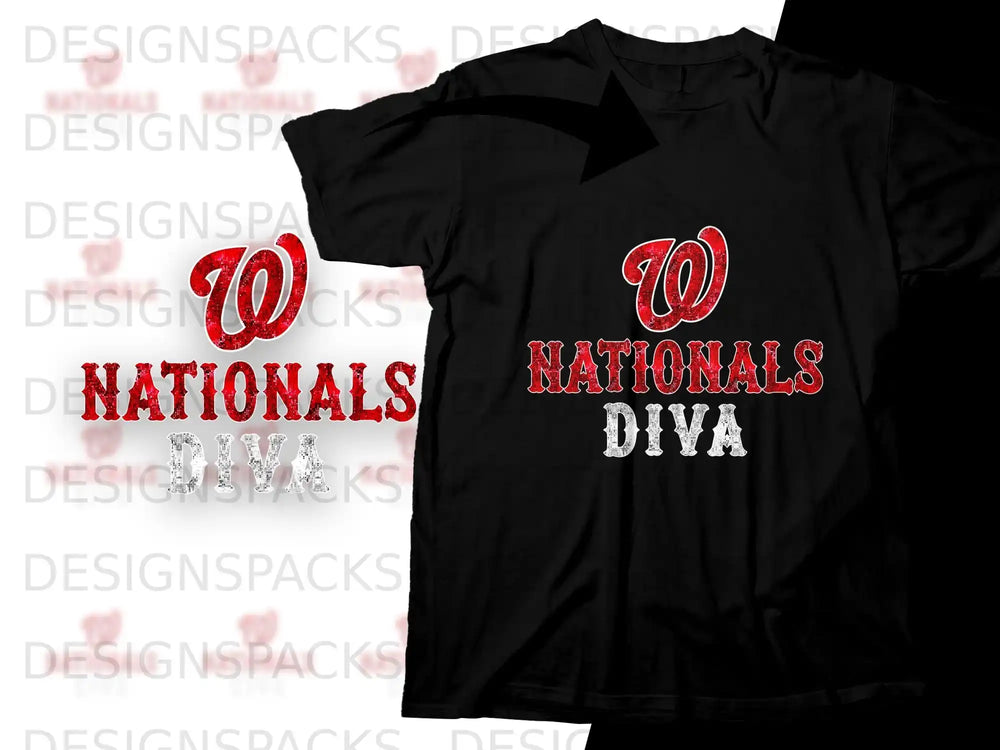 Black t-shirt with "Nationals DIVA" text in red and white glitter.