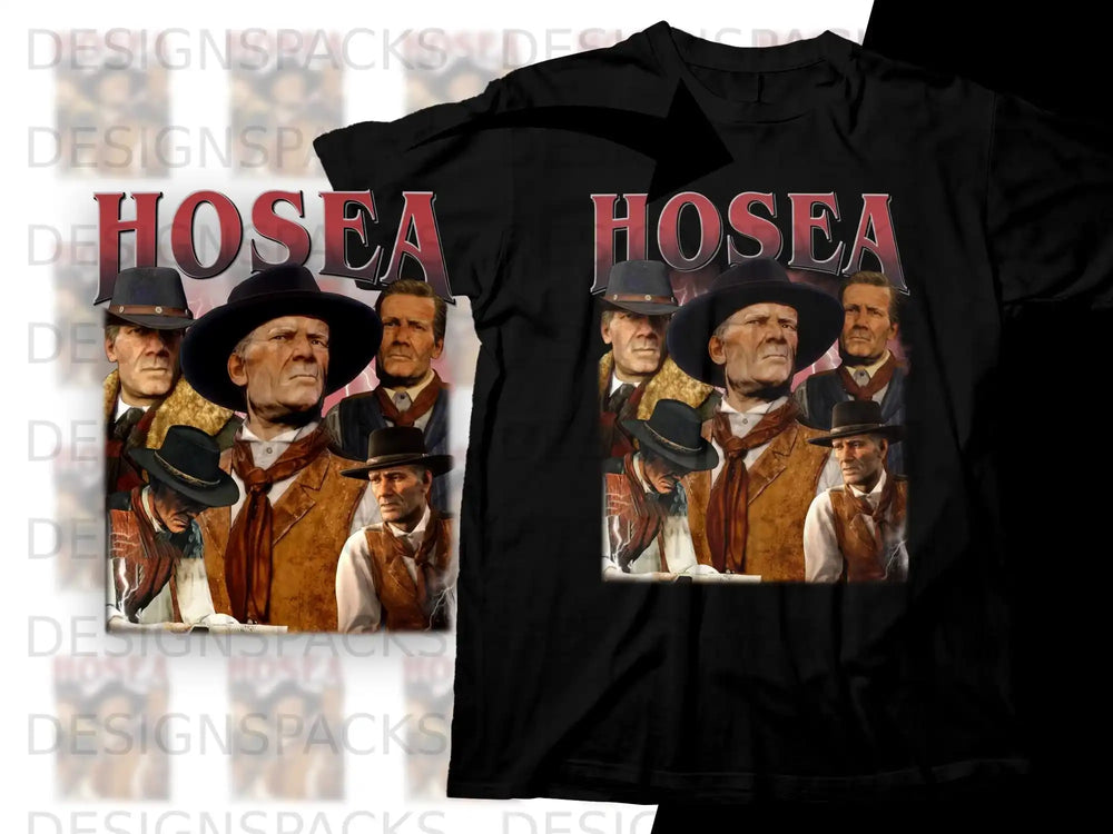 T-shirt design featuring a portrait of several men in western attire.