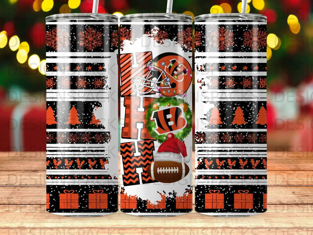 Cincinnati Bengals football helmet with "HO HO HO" text and snowflake pattern.