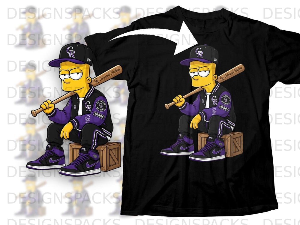 Bart Simpson wears a Colorado Rockies baseball cap, jacket, and sneakers while holding a bat.