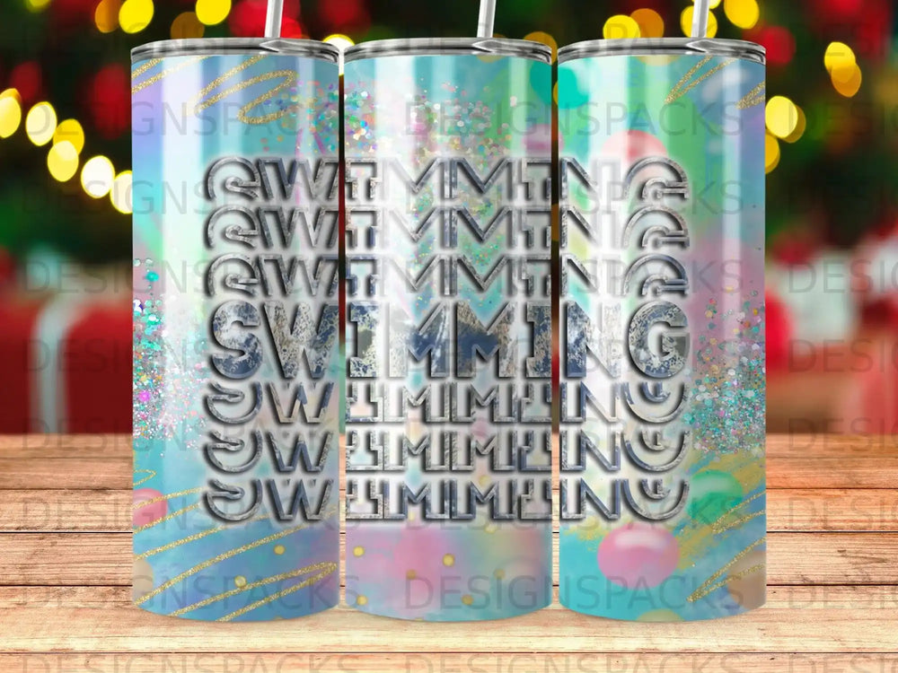 Blue and teal tumbler with "swimming" repeated in bubbly, textured lettering.