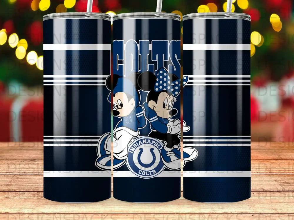 Indianapolis Colts logo with Mickey and Minnie Mouse on a navy blue tumbler.