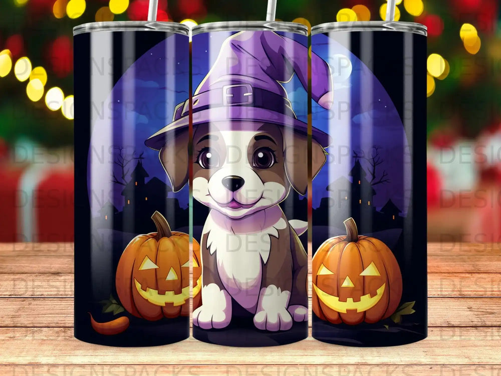 Cute puppy in a witch hat with pumpkins.
