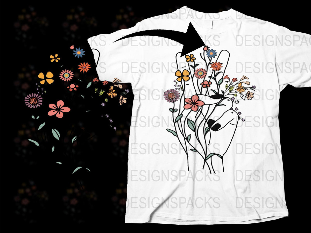 Floral Hand Graphic T-Shirt, Artistic Flower Design Tee, Unique Spring Fashion Top