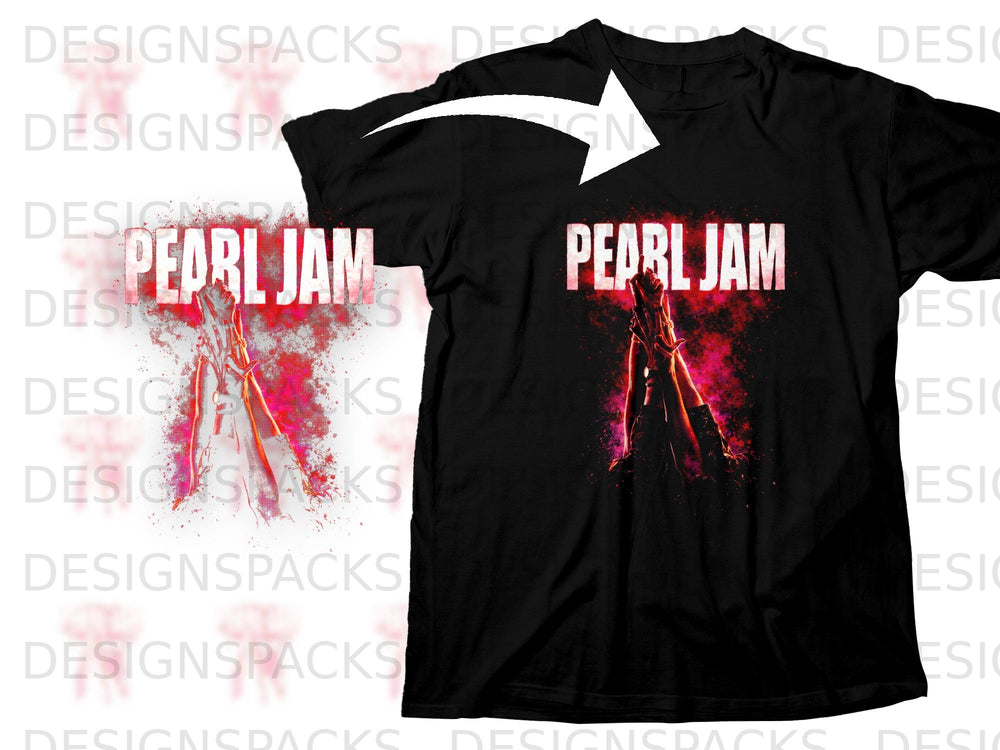 Black t-shirt with "Pearl Jam" text and a pink, abstract graphic of hands.