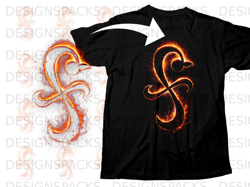 Black t-shirt with fiery orange graphic, possibly a stylized "f".