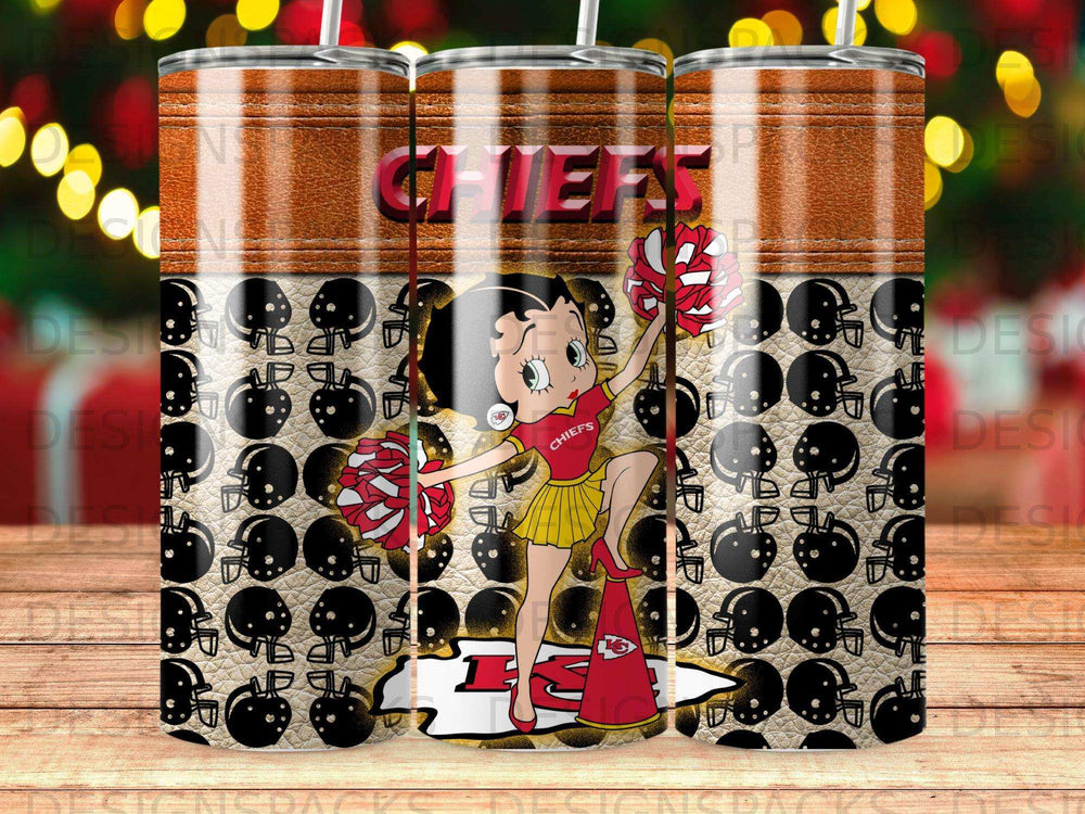 Betty Boop in Chiefs cheerleader outfit with team logo and football helmets.