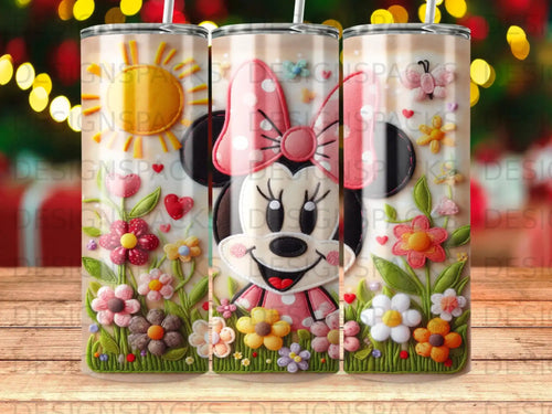 Minnie Mouse wearing a pink polka dot bow, surrounded by floral embellishments and butterflies.