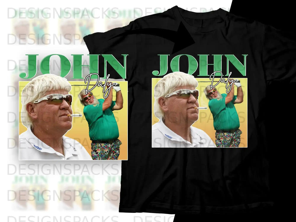 John Daly golfing graphic t-shirt with "JOHN JOHN" text.