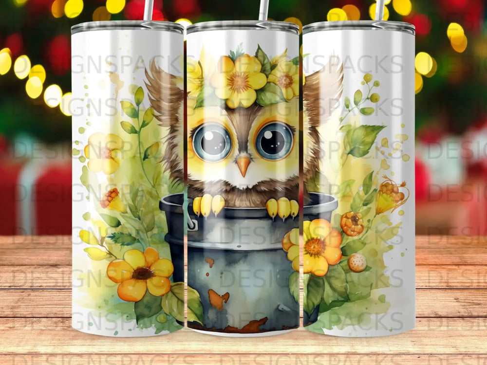 Owl with large eyes peeking from a bucket, surrounded by flowers.