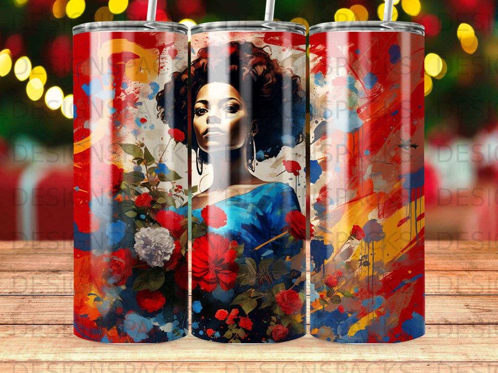Woman with flowers, abstract background, colorful design on a tumbler.