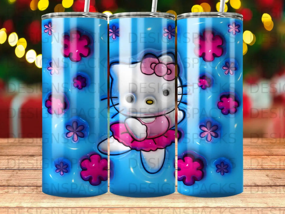 Hello Kitty in pink tutu on blue background with floral accents.