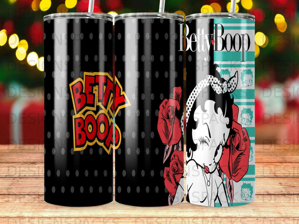 Betty Boop with red roses on a black tumbler with polka dots.