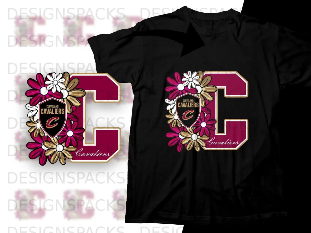 Black t-shirt with maroon "C" logo and floral accents for Cleveland Cavaliers.