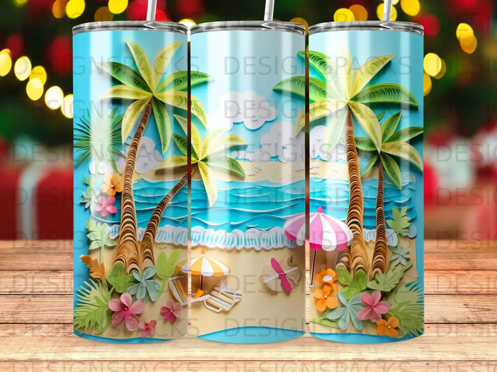 Beach scene with palm trees, umbrellas, and flowers on a cylindrical tumbler.
