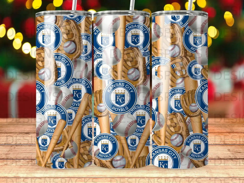 Kansas City Royals baseball pattern on tumblers with gloves and bats.