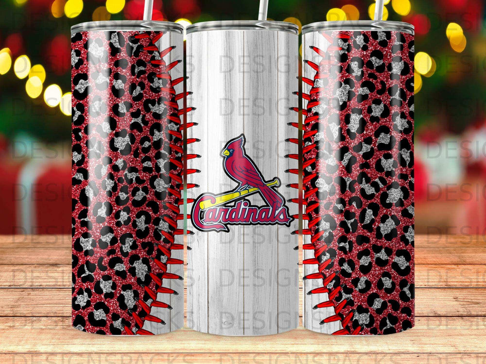 Cardinals tumbler with baseball stitching and leopard print pattern.