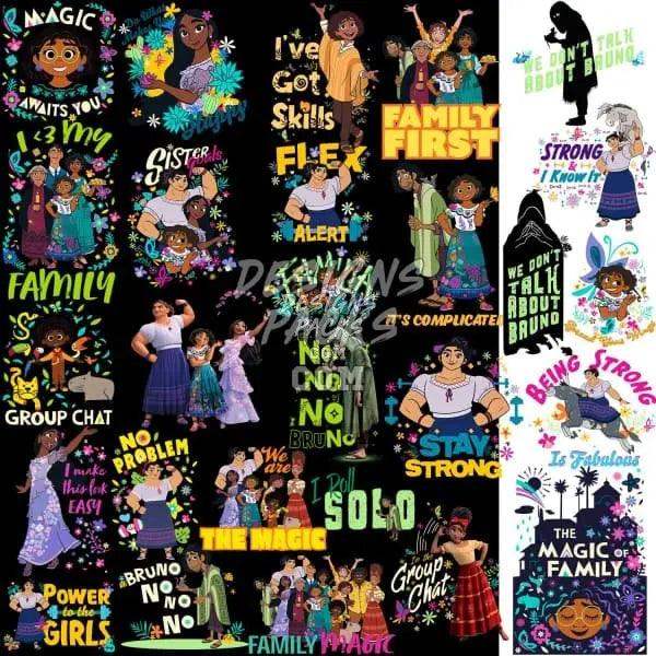 Disney Encanto family-themed print designs with vibrant characters and quotes for DTG, DTF, and embroidery.