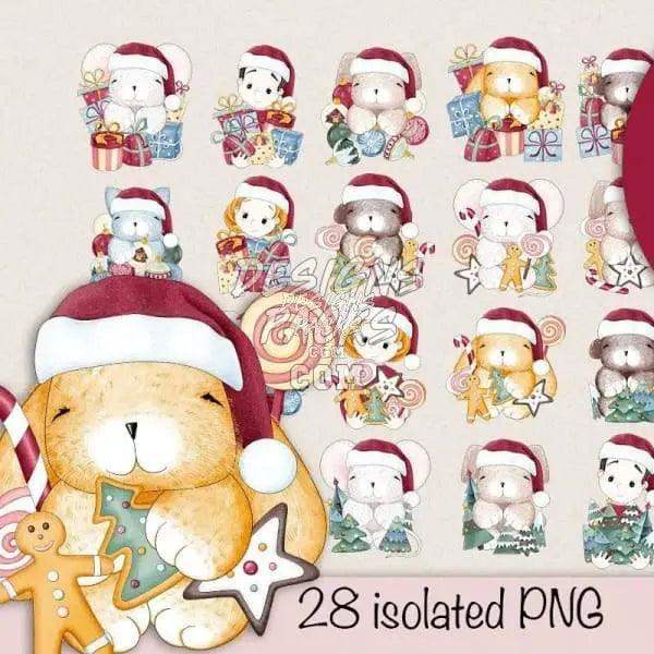 28 Christmas animal PNG designs with Santa hats, gingerbread, and gifts for DTF, DTG, embroidery