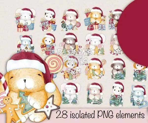 28 Christmas animal PNG elements with Santa hats, gifts, gingerbread, and candy canes for DTF/DTG designs
