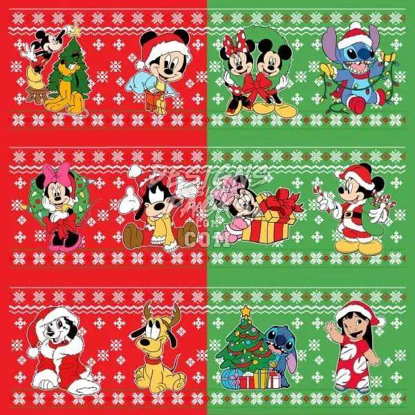 Disney Christmas characters in festive sweaters, perfect for DTF/DTG and embroidery designs.