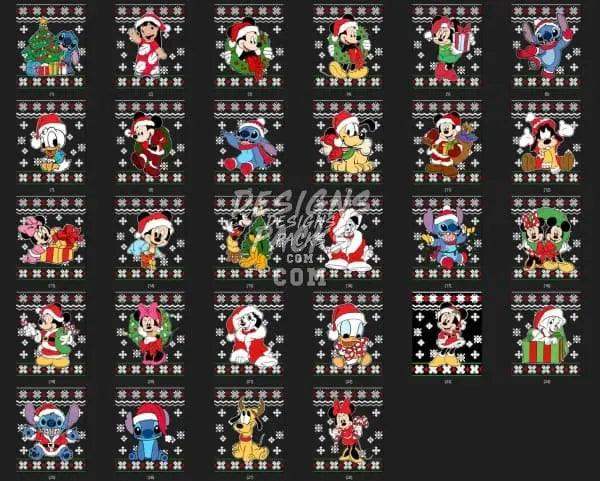Christmas Disney characters in ugly sweater designs, print-ready PNG/SVG for DTG/DTF