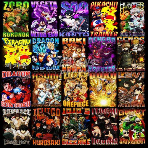 Anime character designs for DTF, DTG, and embroidery with vibrant colors and popular series themes