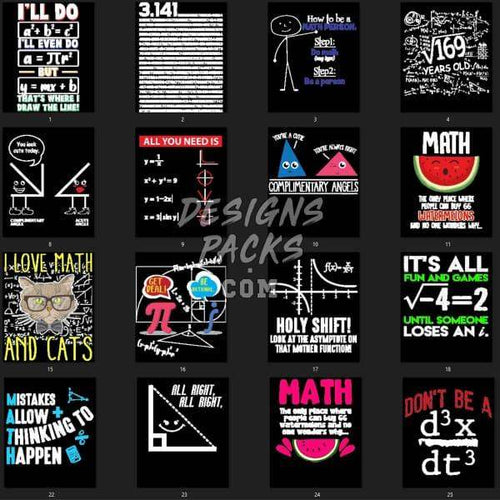 Math-themed DTF/DTG designs with equations, puns, and graphics for t-shirts and prints