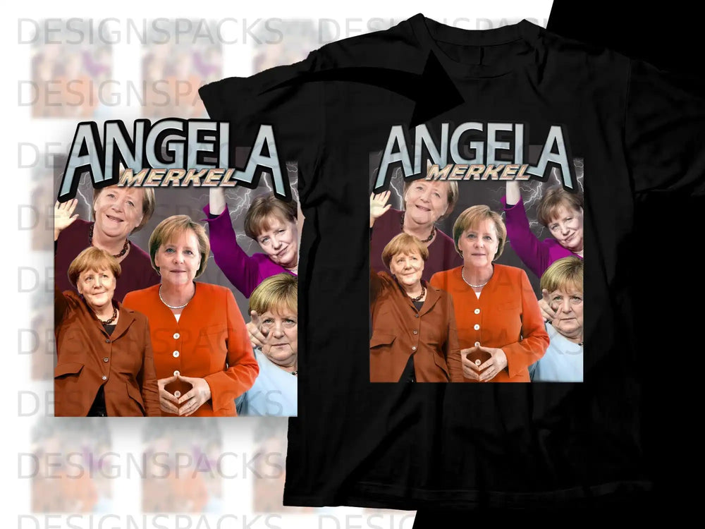 Angela Merkel collage on black t-shirt.