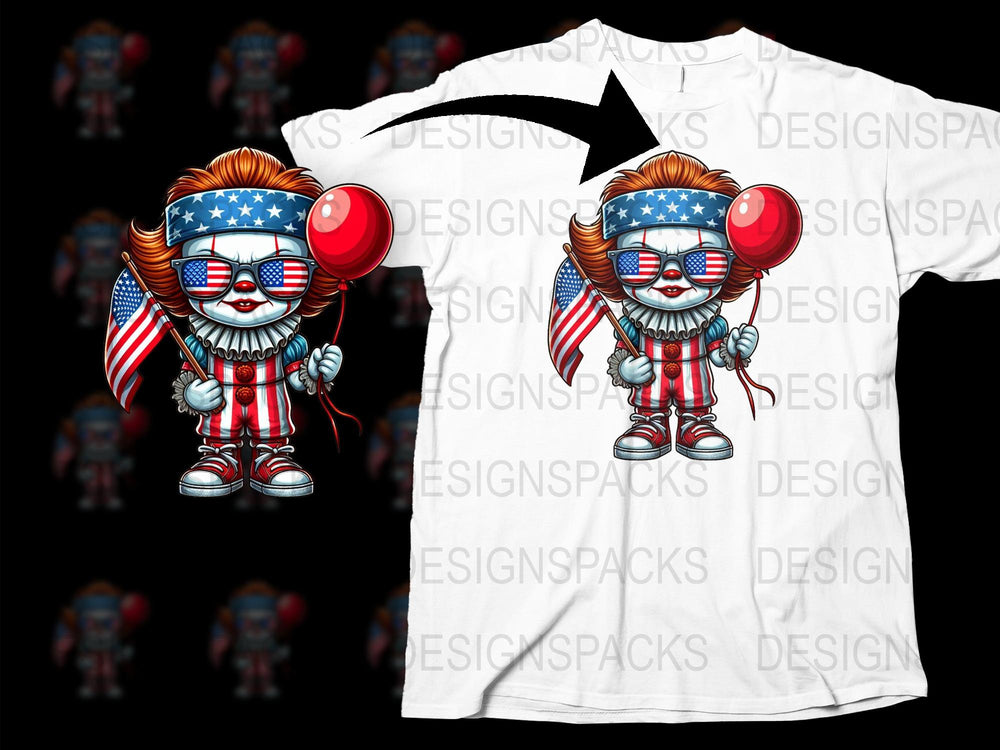 Patriotic Clown T-Shirt, American Flag Sunglasses, Funny Horror Character Tee, Unique Graphic Print Shirt for Adults