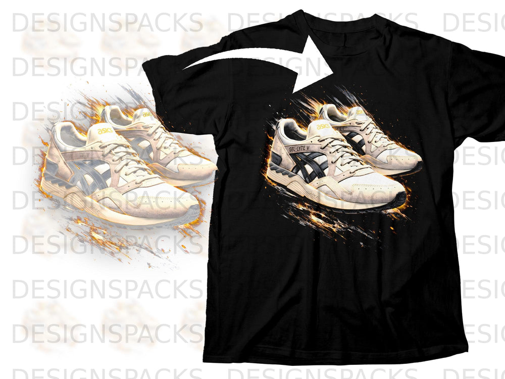 Black t-shirt with a graphic of Asics Gel-Lyte V sneakers with orange accents.