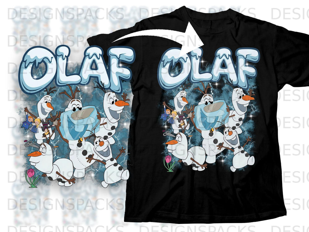 Olaf and friends design with text "OLAF OLAF" on a black t-shirt.