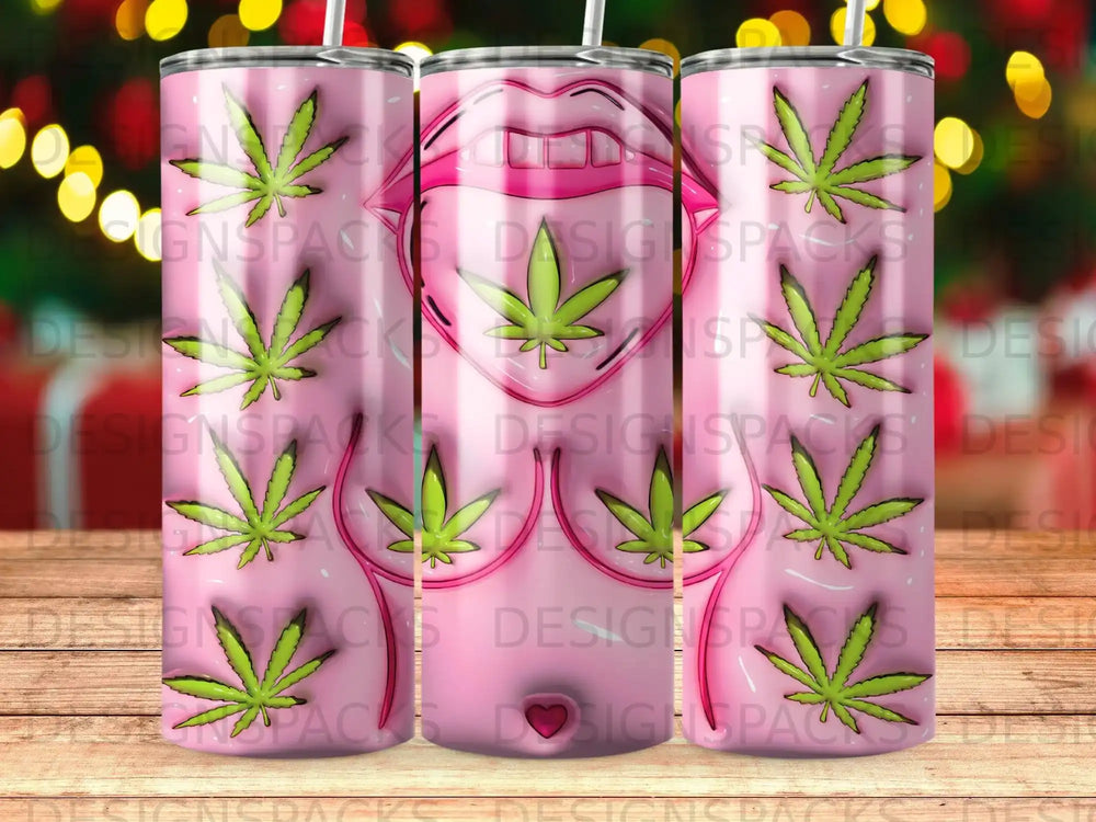 Pink tumbler with repeating pattern of green cannabis leaves and red lips.