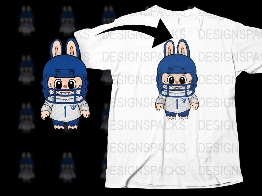 Cute Cartoon Rabbit Football Player Graphic T-Shirt, Blue Helmet Design, Kids Sports Tee, Casual Wear