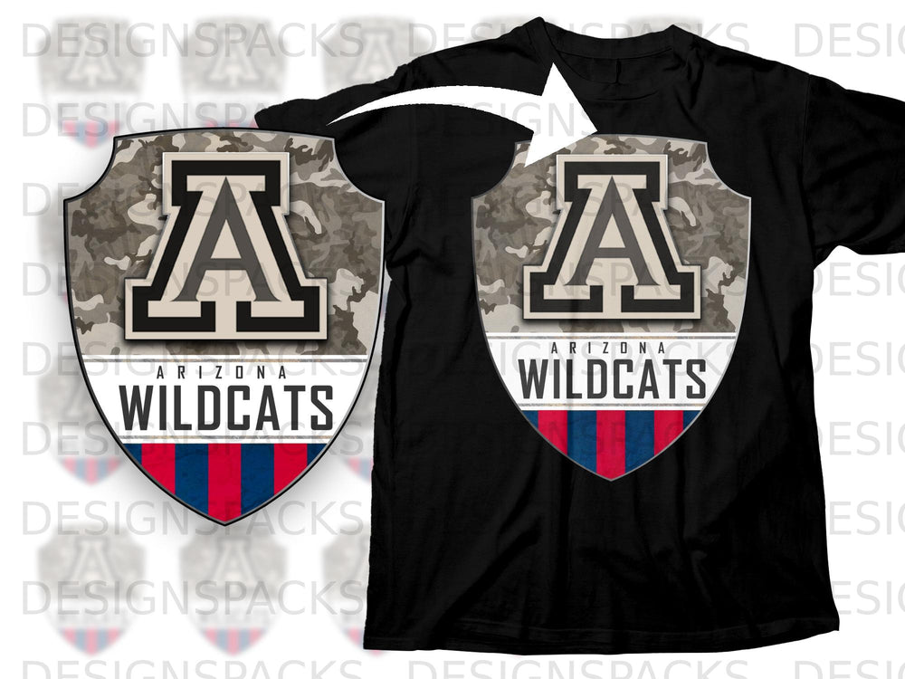 Black t-shirt with Arizona Wildcats shield logo featuring a camouflage background and red and blue stripes.