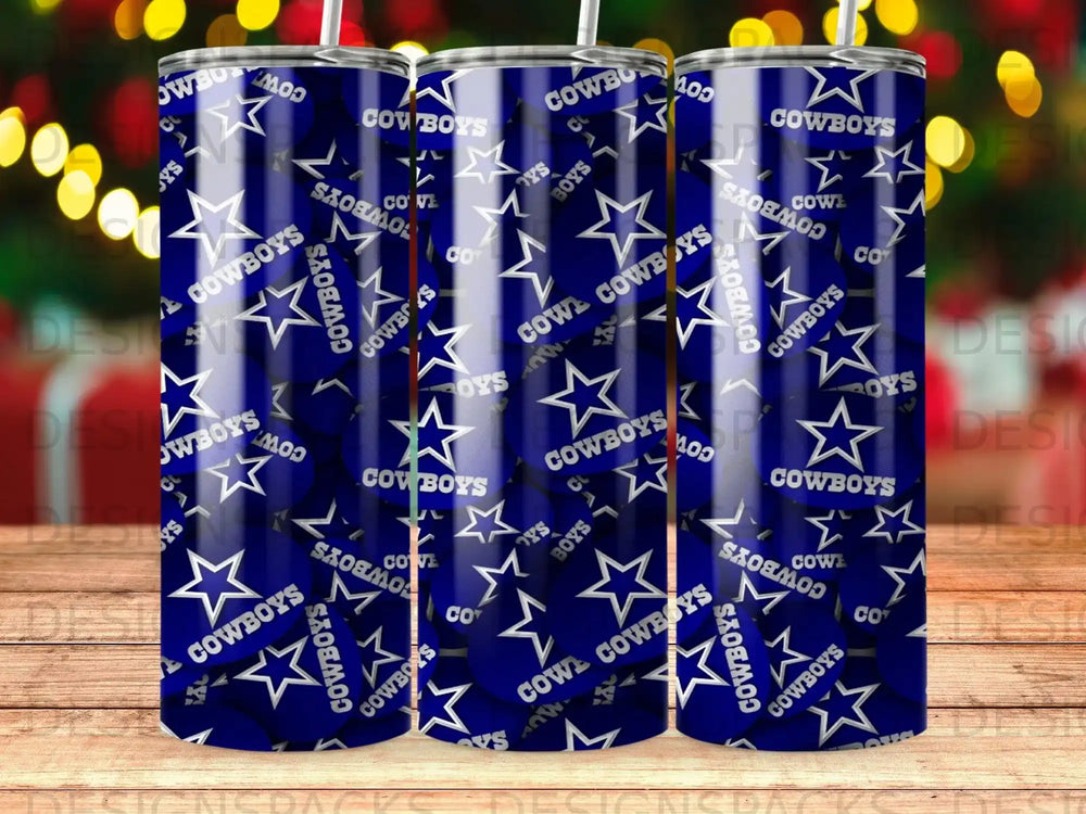 Three tumblers with repeating "Cowboys" text and star pattern on a blue background.