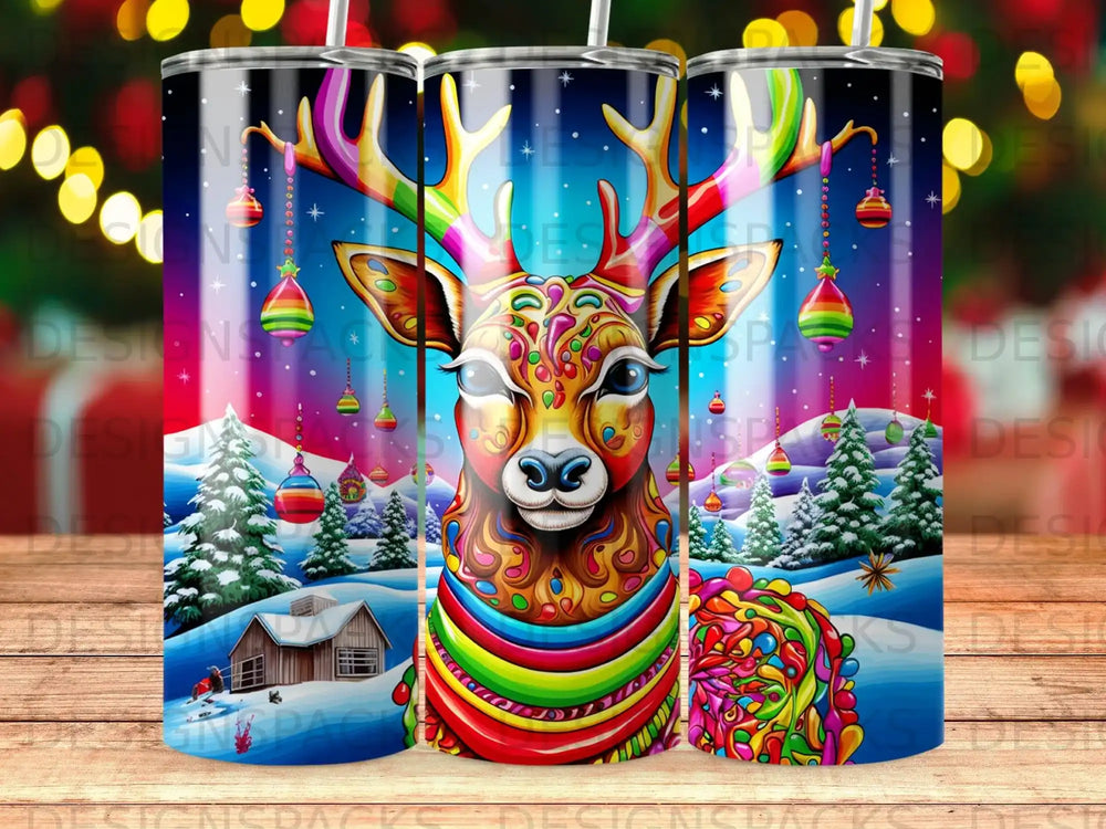 Colorful elk with rainbow stripes, winter scene with snow and Christmas ornaments.
