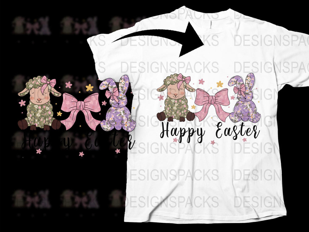 Happy Easter T-Shirt Cute Bunnies Floral Design Graphic Tee Spring Holiday Gift Idea for Women and Kids