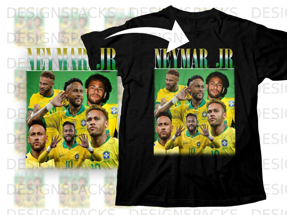 Neymar Jr. portrait with "BRASIL" text on a black t-shirt.